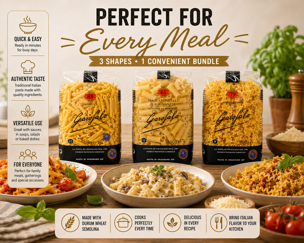 Garofalo Pasta Variety Pack, 3 × 500g, Casarecce No.88, Maccaroncello Gragnanese No.61 & Mafalda Corta No.79, Durum Wheat Semolina Pasta Bundle