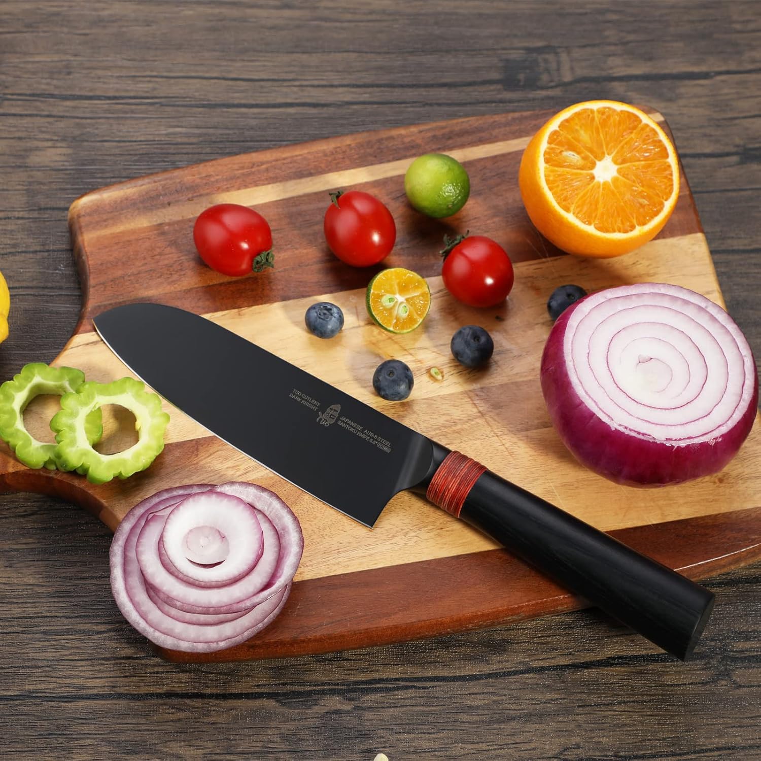 TUO Santoku Knife 5.5"- Asian Chefs Knife Japanese Cleaver Black Titanium Plated Blade Kitchen Small Knife - Japanese AUS-8 Stainless Steel Pakkawood Handle - Dark Knight Series with Sheath & Gift Box