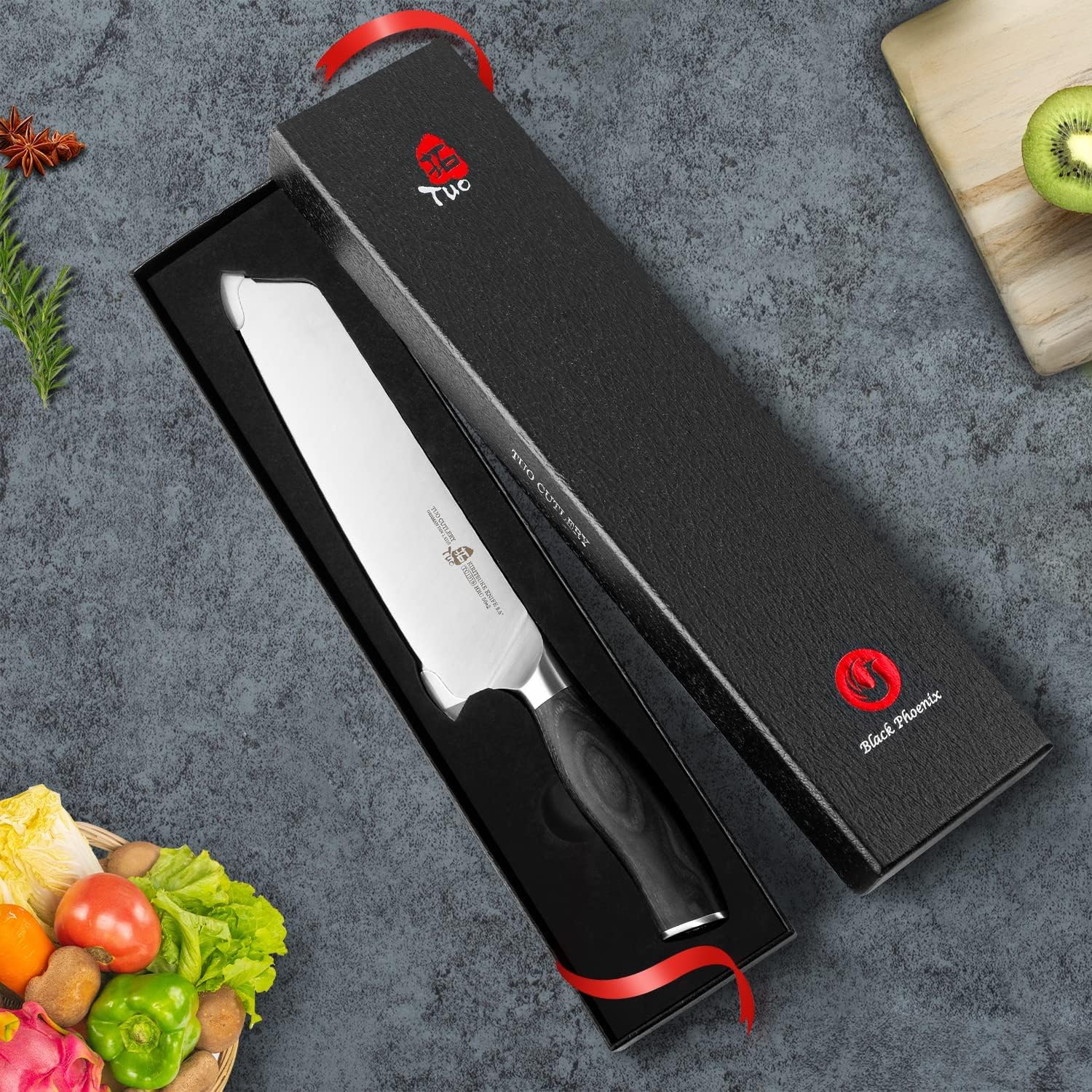 TUO Kiritsuke Knife 8.5 inch Vegetable Cleaver Kitchen Knife Ultra Sharp Knife, German High Carbon Stainless Steel, Ergonomic Pakkawood Handle Gift Box, Fiery Phoenix Series - Black