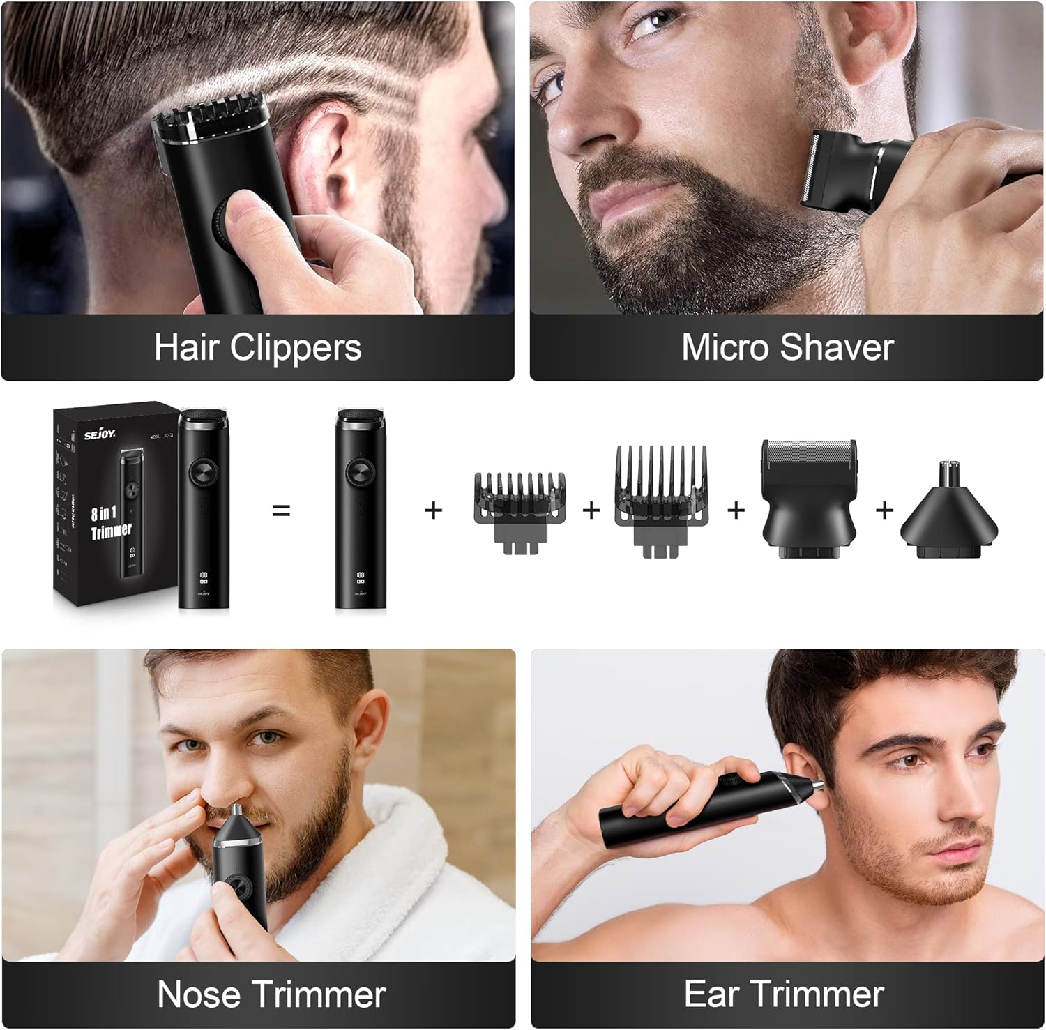 Sejoy Beard Clipper Men Cordless Hair Trimmer Waterproof Moustache Body Nose Ear Shaver Face Trimmer, All in 1 Grooming Kit, USB Rechargeable and LED Display