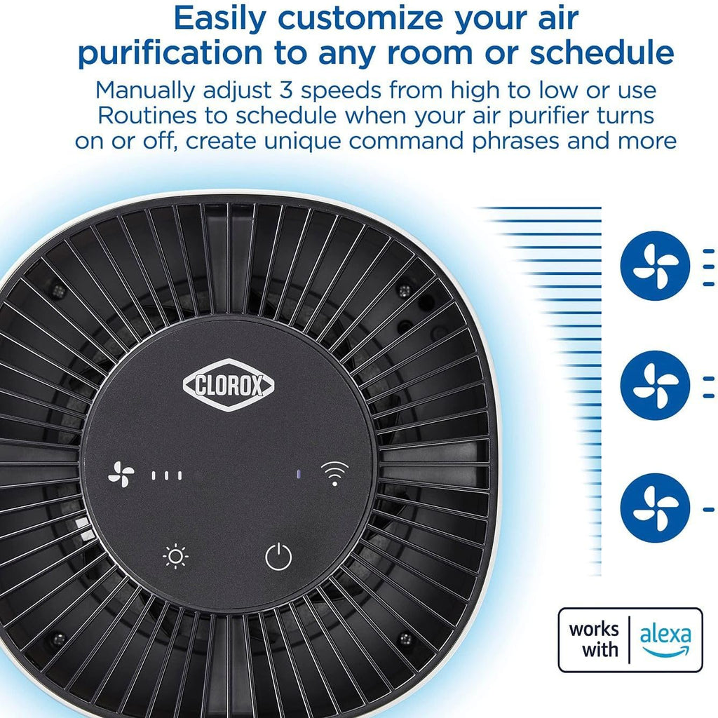 Clorox Smart Air Purifiers, True HEPA Filter, Works with Alexa, Small Rooms up to 200 Sq Ft, Removes 99.9% of Viruses, Wildfire Smoke, Mold, Allergies, Dust, AUTO Mode, Whisper Quiet