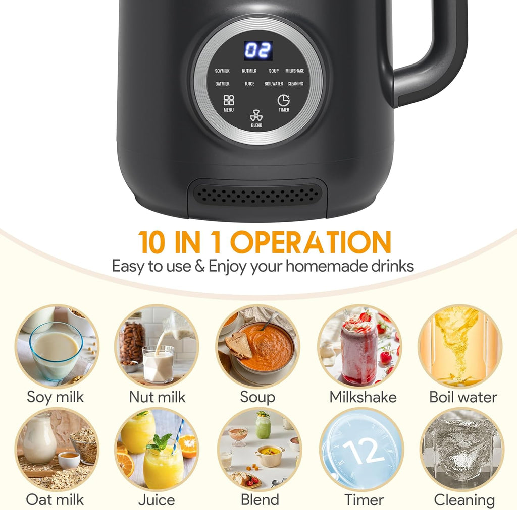 10-in-1 Nut Milk Maker, 40oz Almond Milk Machine for Homemade Plant-Based Milk, Oat, Soybean, Coconut milk, Soy Bean Milk Machine with Delay Start/Auto-Clean/Boil Water/Keep Warm, Black