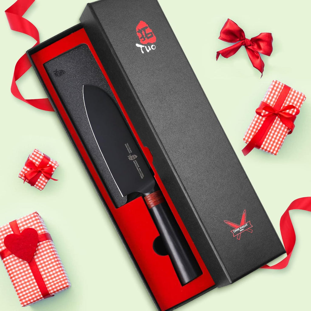 TUO Santoku Knife 5.5"- Asian Chefs Knife Japanese Cleaver Black Titanium Plated Blade Kitchen Small Knife - Japanese AUS-8 Stainless Steel Pakkawood Handle - Dark Knight Series with Sheath & Gift Box