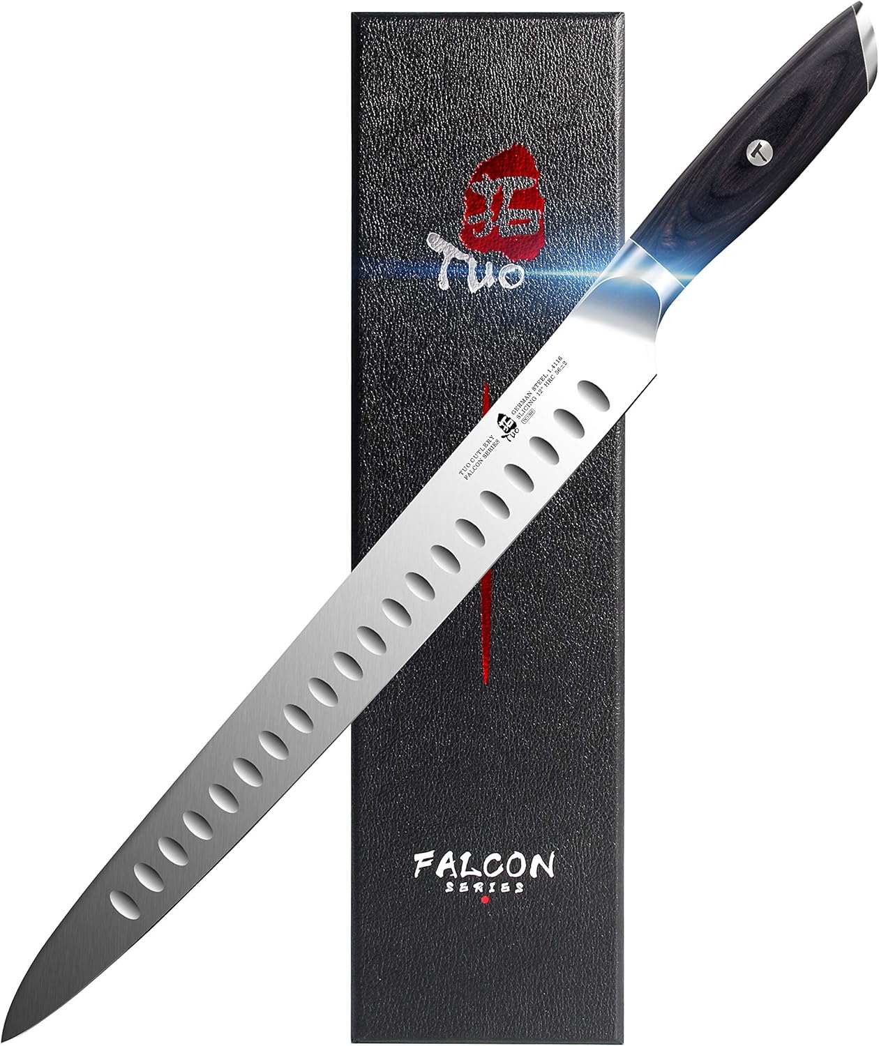 TUO Slicing Carving Knife 12 inch - Slicing Carving Knife for Brisket Turkey Meat German Steel with Full Tang Pakkawood Handle - Falcon Series with Gift Box