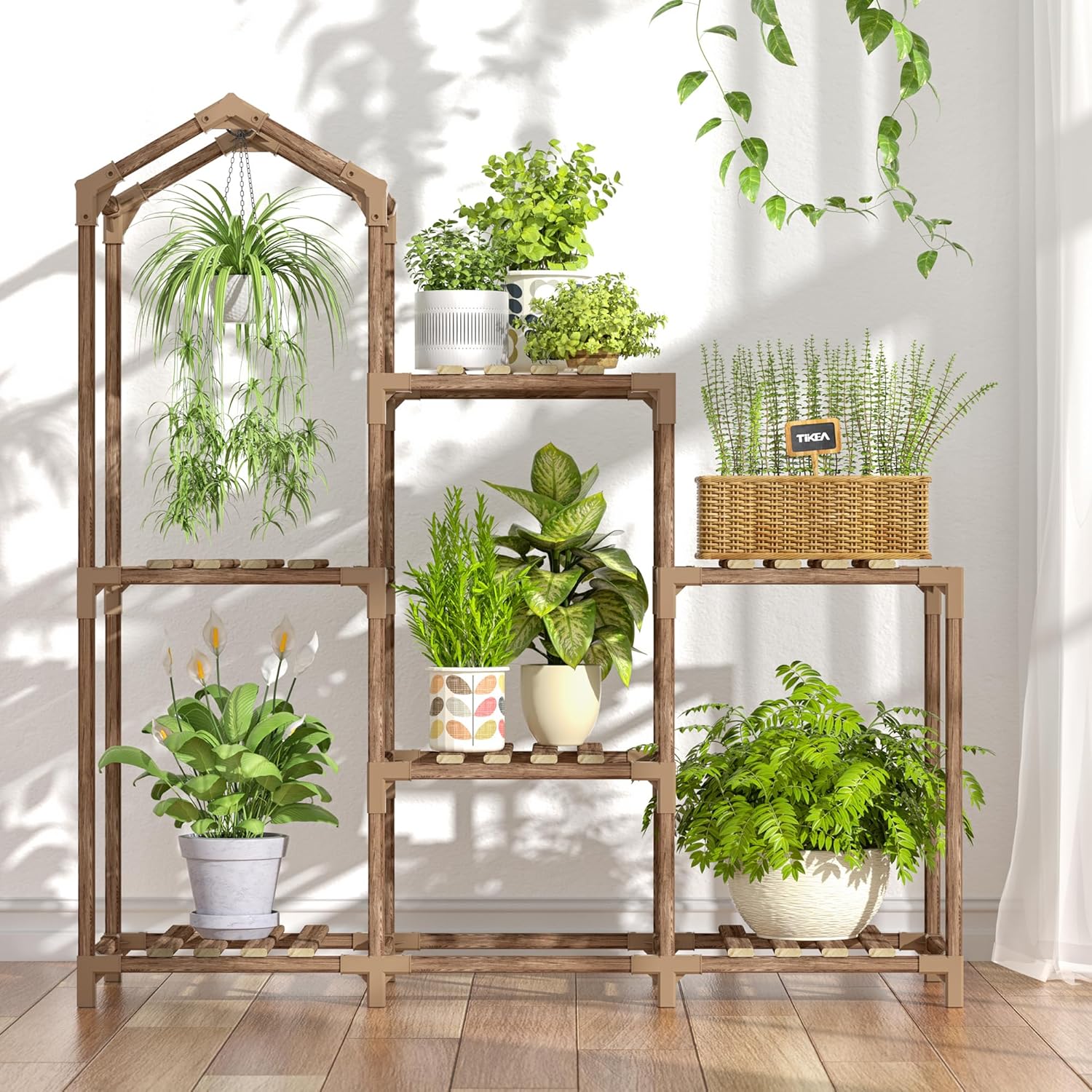 Tikea Plant Stand Indoor Outdoor Castle-shaped Plant Stand for Multiple Plants Wooden Plant Shelf Organizer Display Flowers Rack for Corner Living Room Balcony Patio (Model A 6 Tiers)
