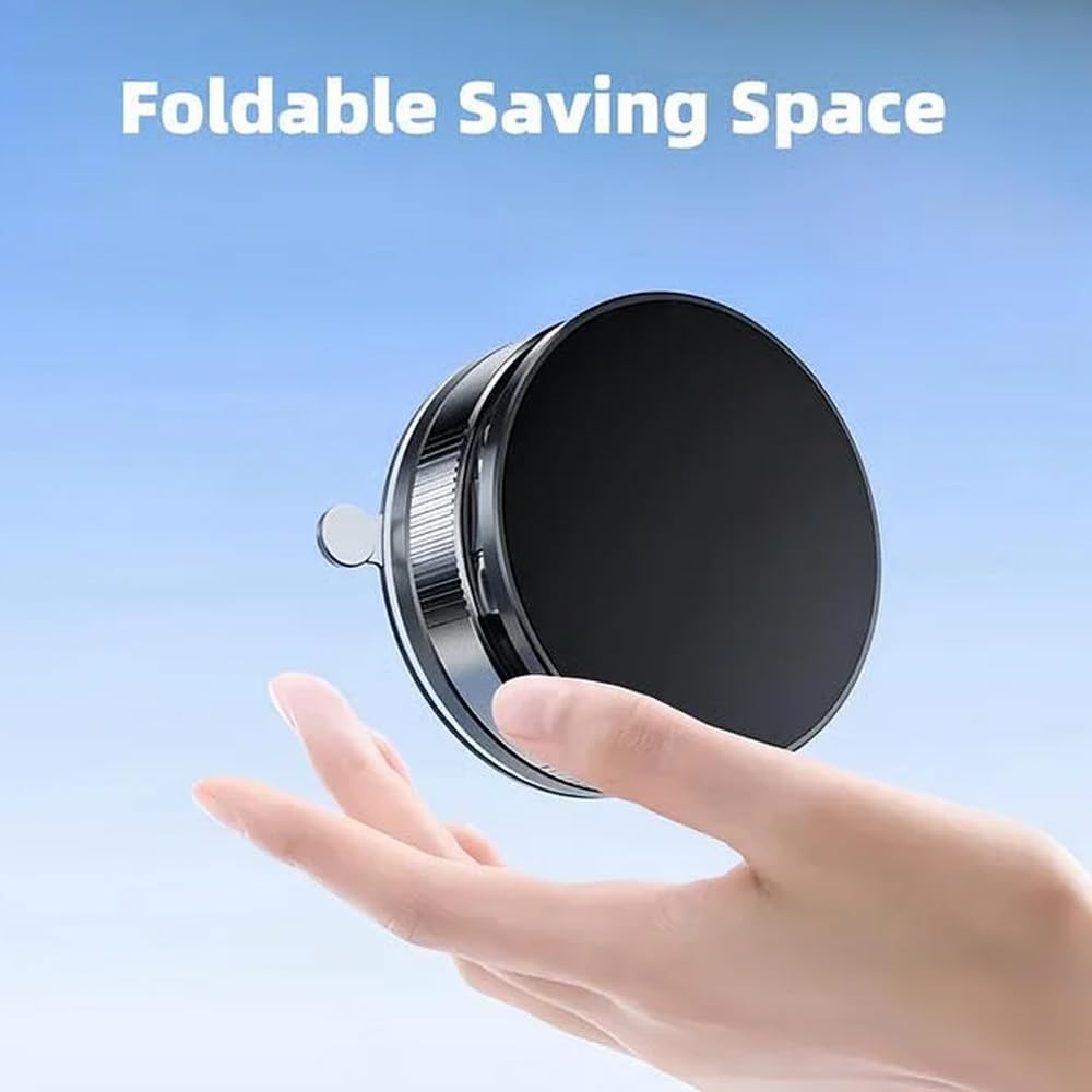 360° Adjustable Magnetic Car Phone Holder with Vacuum Suction Base, Foldable Dashboard Mount – Black