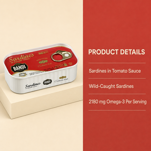 BANDI FOODS Sardines in Tomato Sauce – Wild Caught, 2180mg Omega-3 per Serving, Exclusive Taste, Product of Morocco, Net Wt. 4.41 oz (125 g), Best Before Dec 31, 2027