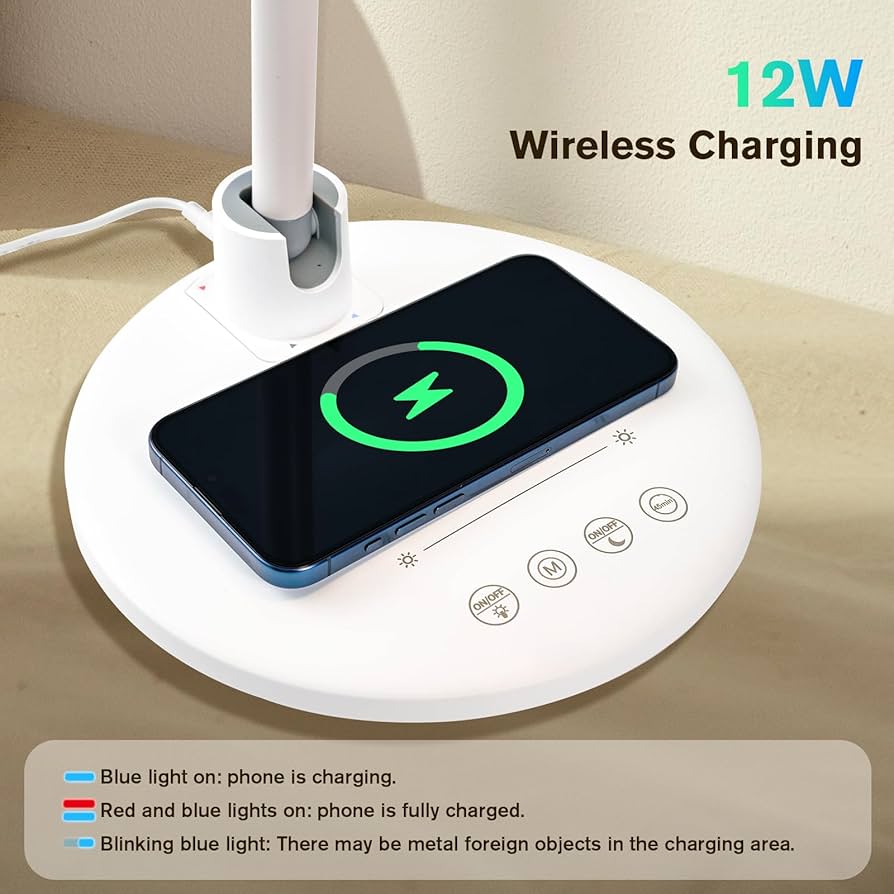3-in-1 LED Desk Lamp with Wireless Charging Base & Adjustable Brightness for Study, Reading & Office Use