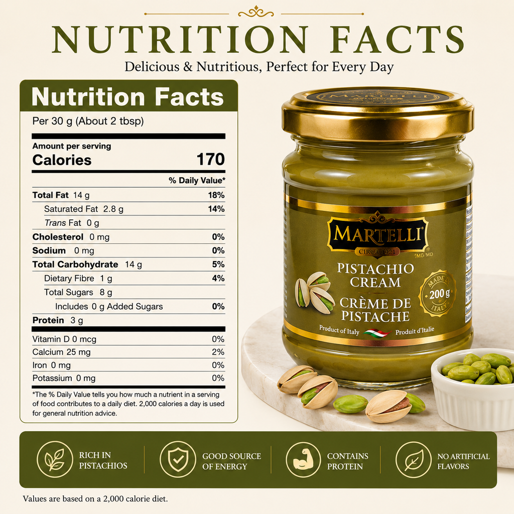 Martelli Pistachio Cream 200g, 45% Pistachios, Smooth & Creamy Spread for Toast, Desserts & Baking, Best Before Jan 22, 2027