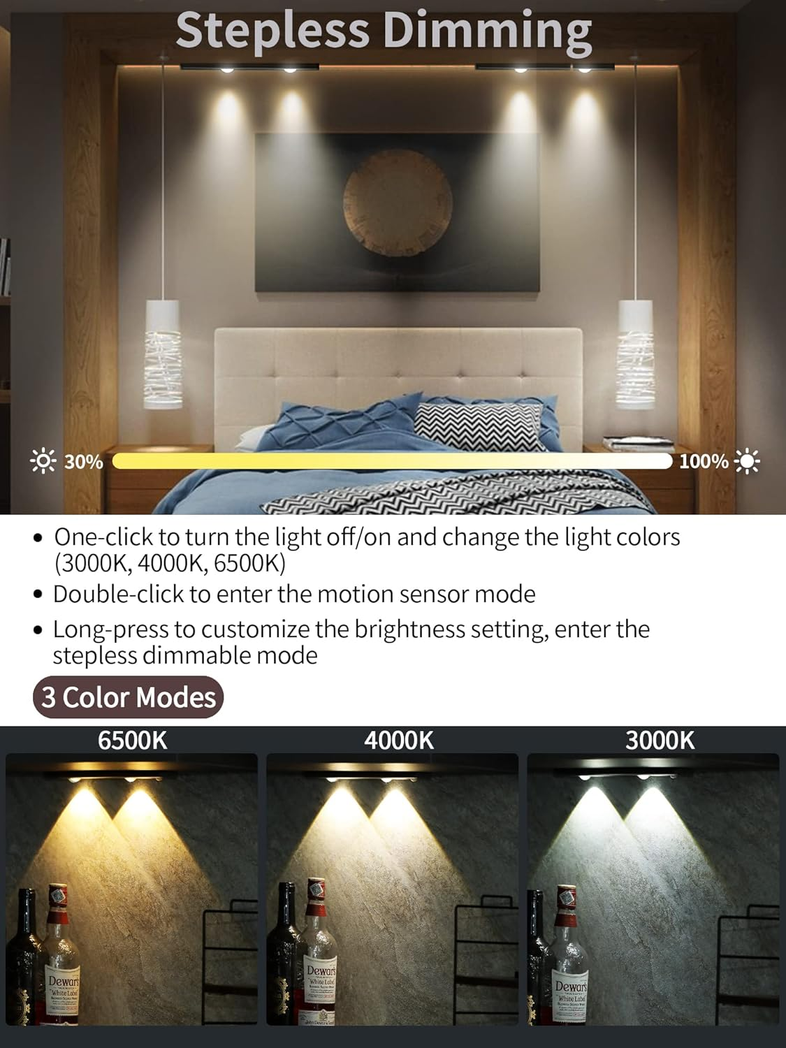3 Color Dimmable Motion Sensor Under Cabinet Lights Wireless,1500mAh Rechargeable Battery Operated LED Closet Light Bar, Stick on Anywhere Under Cabinet Lighting for Kitchen, Stair, Wardrobe,10.43"