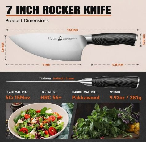 TUO Herb Rocking&Salad Knife- Vegetable Cleaver - High Carbon German Stainless Steel Kitchen Knife - Pakkawood Handle Veggie Chopper - Luxurious Gift Box Included - 7 inch - Fiery Phoenix Series
