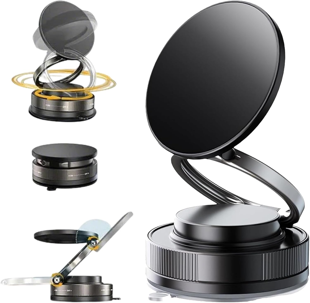 360° Adjustable Magnetic Car Phone Holder with Vacuum Suction Base, Foldable Dashboard Mount – Black