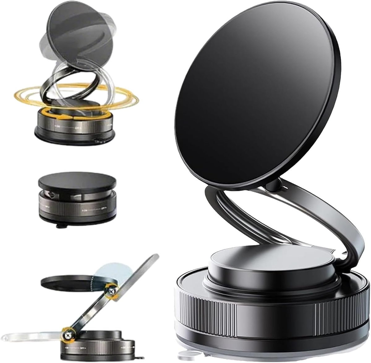 360° Adjustable Magnetic Car Phone Holder with Vacuum Suction Base, Foldable Dashboard Mount – Black