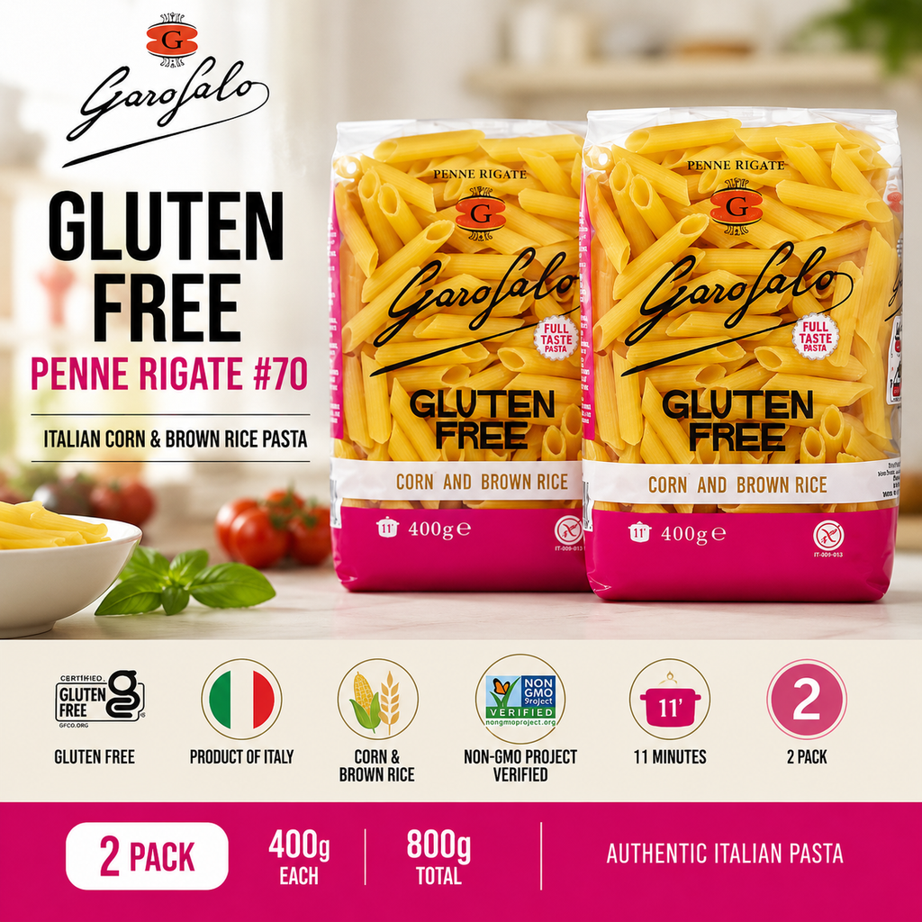Gluten Free Penne Rigate #70 Pasta, Italian Style Tube Pasta, 2-Pack, 500g Each