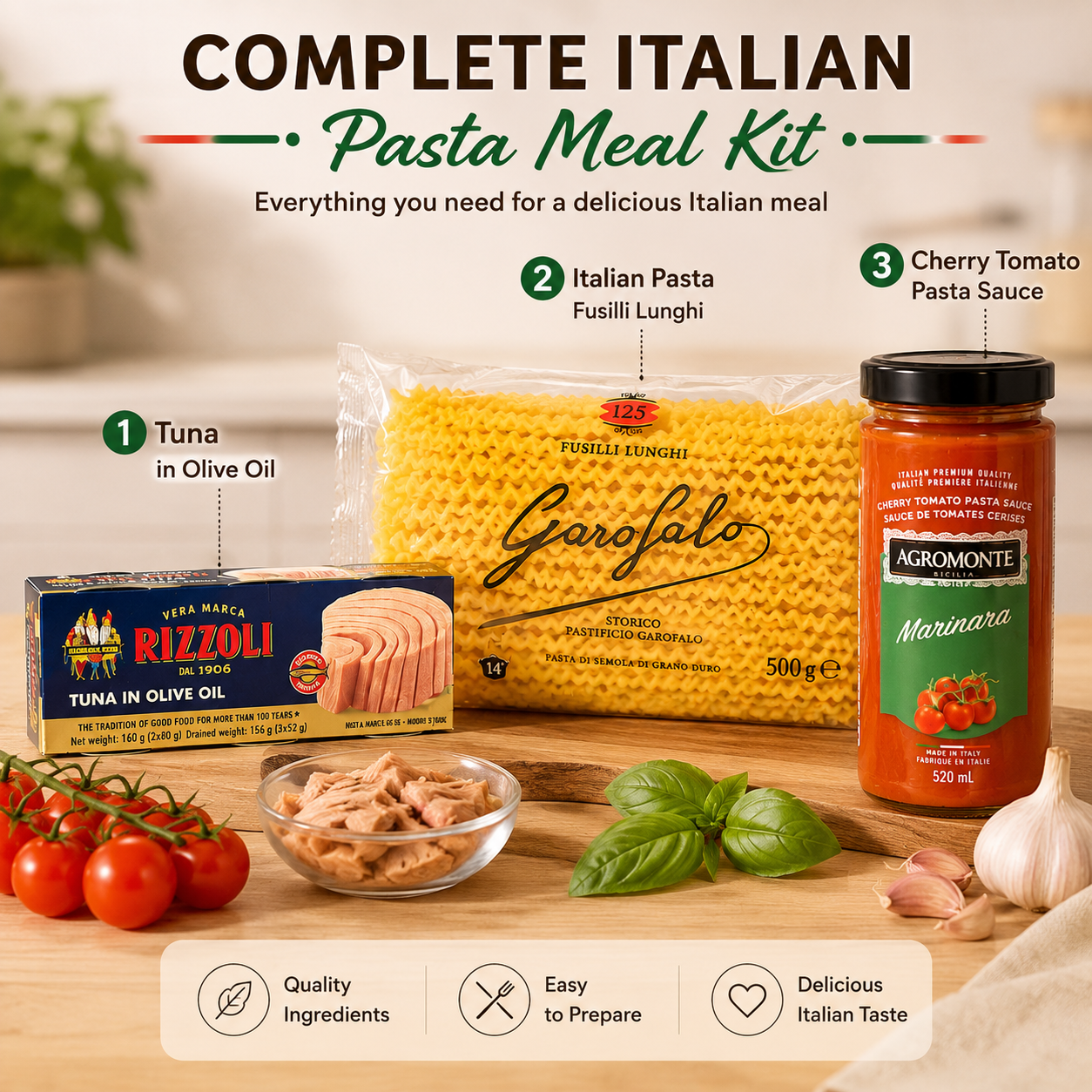 Italian Pasta Meal Kit Set – Fusilli Lunghi Pasta, Tuna in Olive Oil & Cherry Tomato Pasta Sauce, Easy Family Meal Bundle