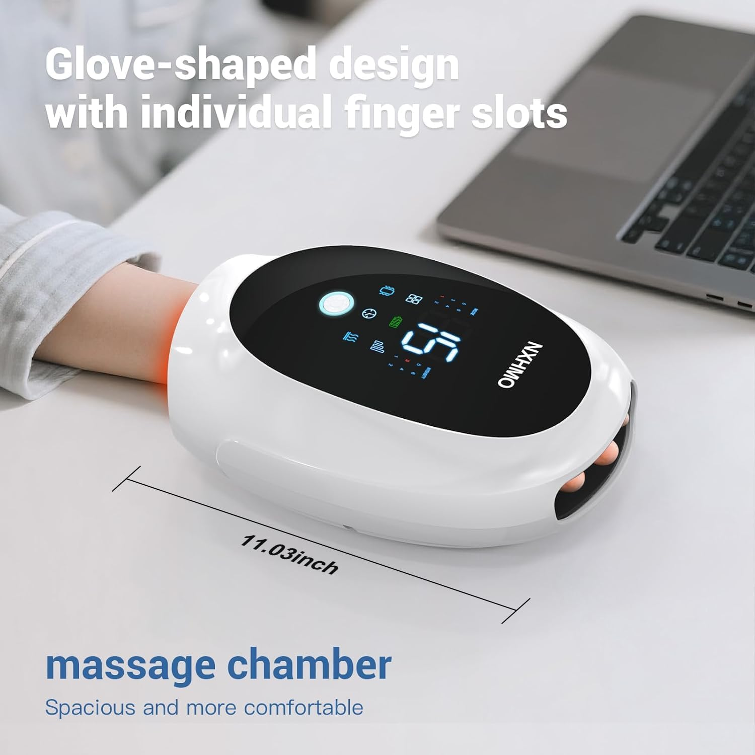 Cordless Hand Massager with Heat, Air Compression, Vibration, 6 Modes and LCD Display – White