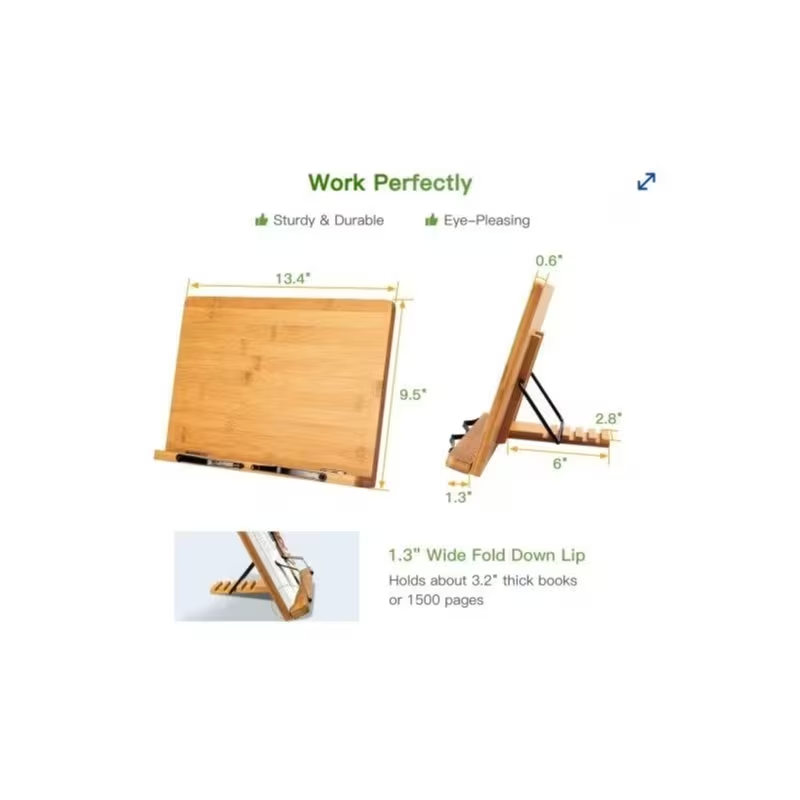 Adjustable Bamboo Book Stand – Foldable Wooden Cookbook and Tablet Holder for Reading and Kitchen Use