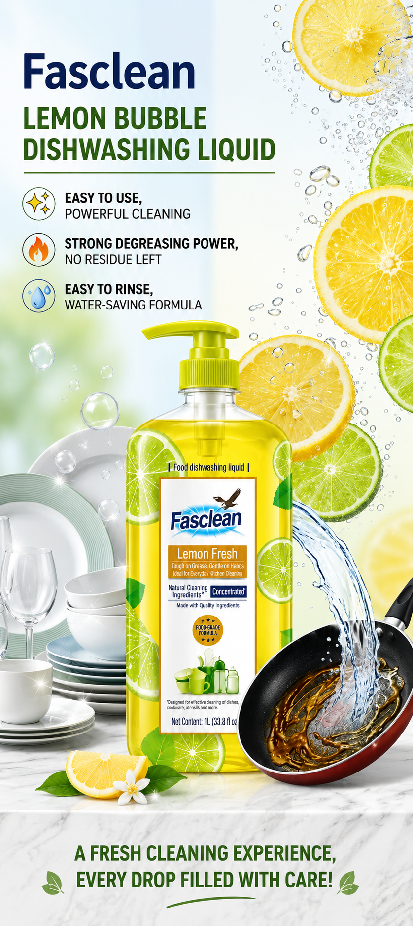 Fasclean Lemon Dishwashing Liquid 1L, Concentrated Kitchen Dish Soap for Grease Cleaning & Everyday Dish Care