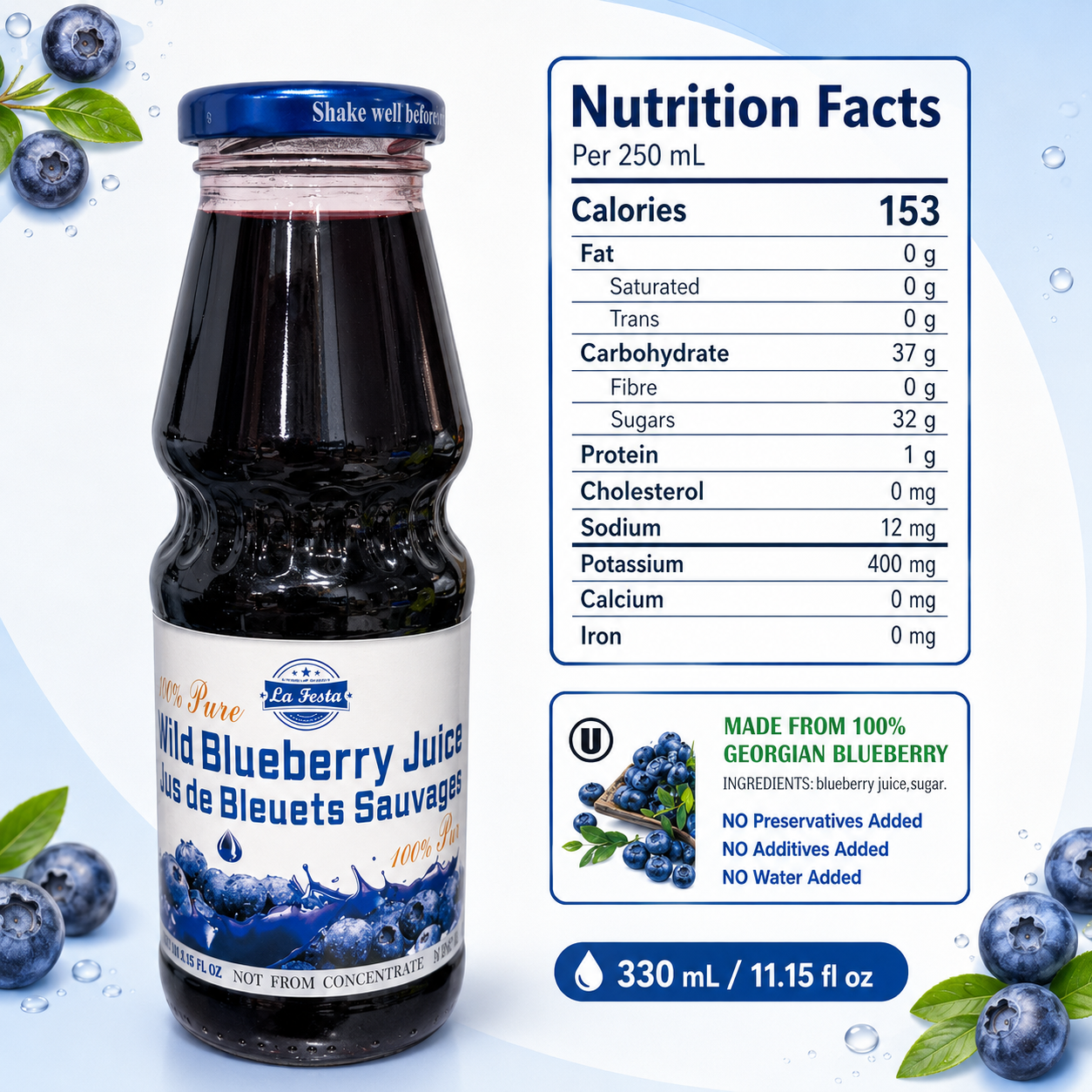 La Festa Wild Blueberry Juice, Not From Concentrate, No Preservatives, Additives or Water Added, 330 mL Glass Bottle