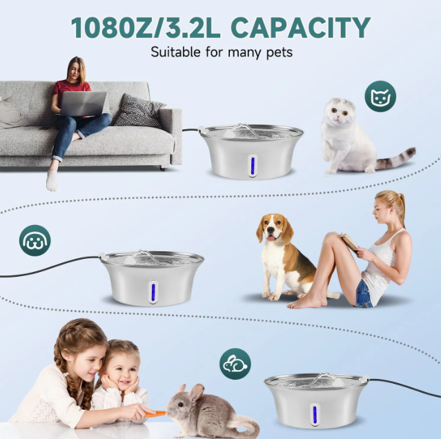 3.2L Automatic Pet Water Fountain – Stainless Steel Cat & Dog Water Dispenser with Quad Filtration System