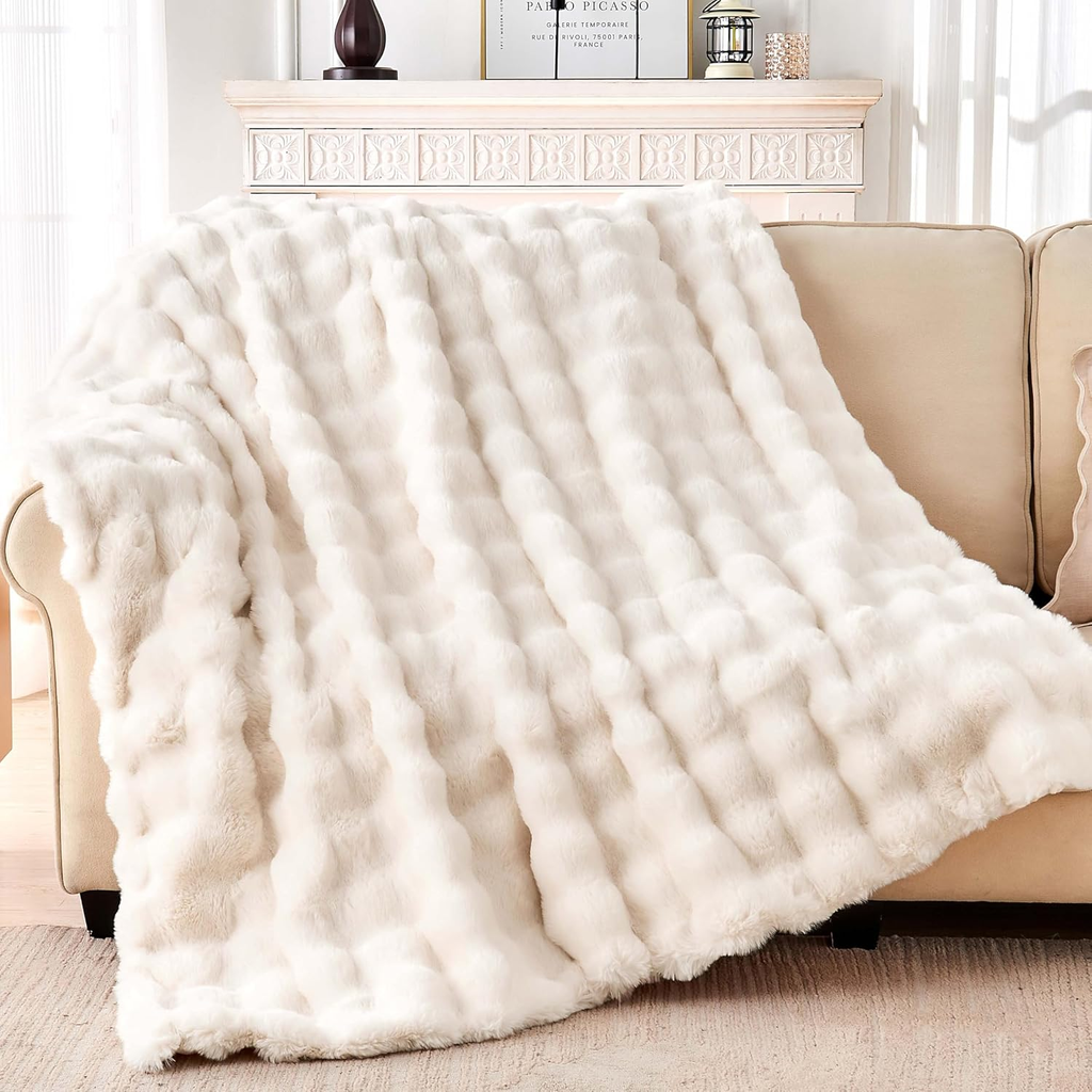 Faux Rabbit Fur Heated Blanket with Adjustable Heat & Timer – 3 Sizes