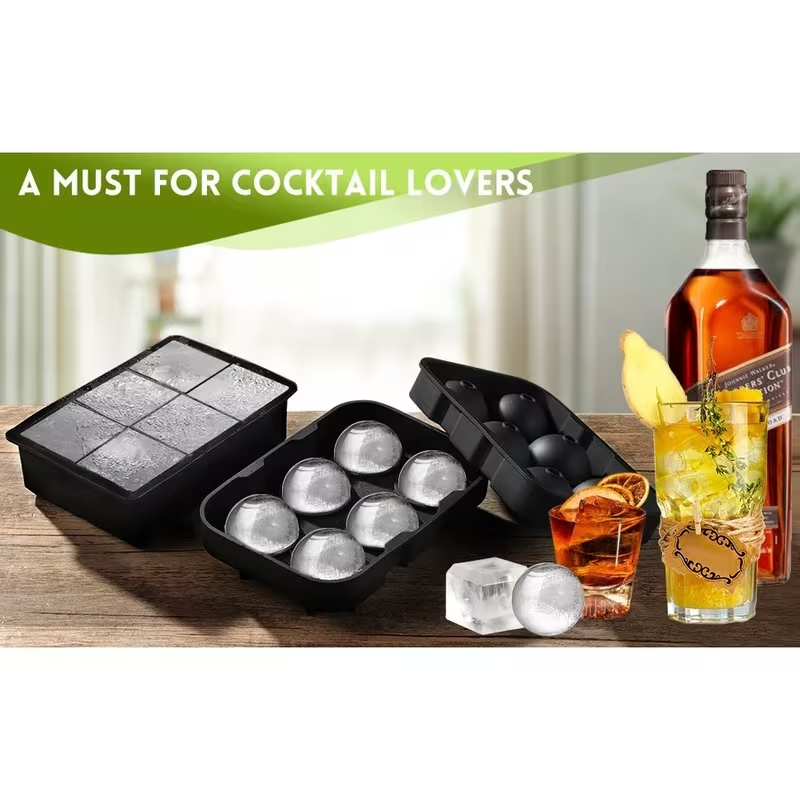 Large Ice Cube Tray Set with Lid – Sphere & Square Ice Ball Mold for Whiskey, Cocktails & Drinks (BPA Free Silicone Ice Mold)