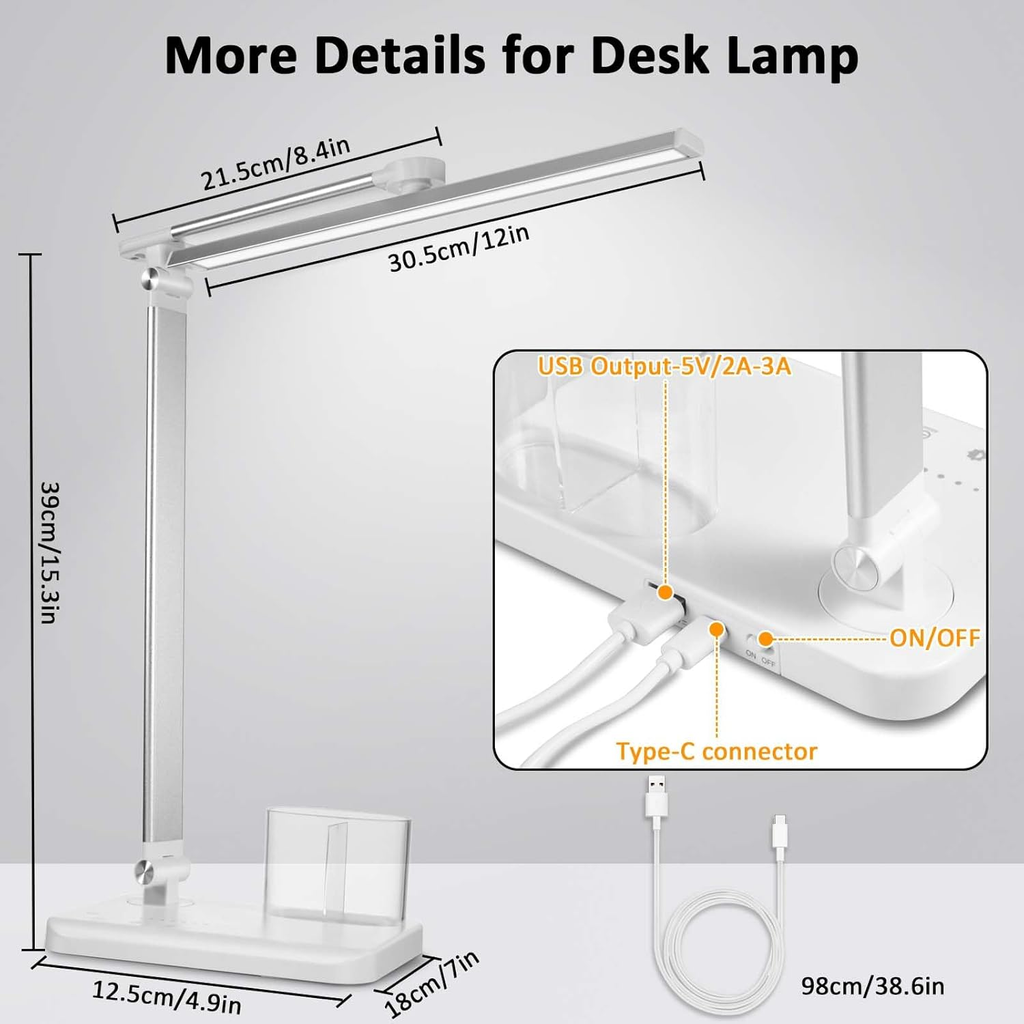 Silver White LED Desk Lamp with USB Charging Port – Adjustable Touch Control Table Lamp