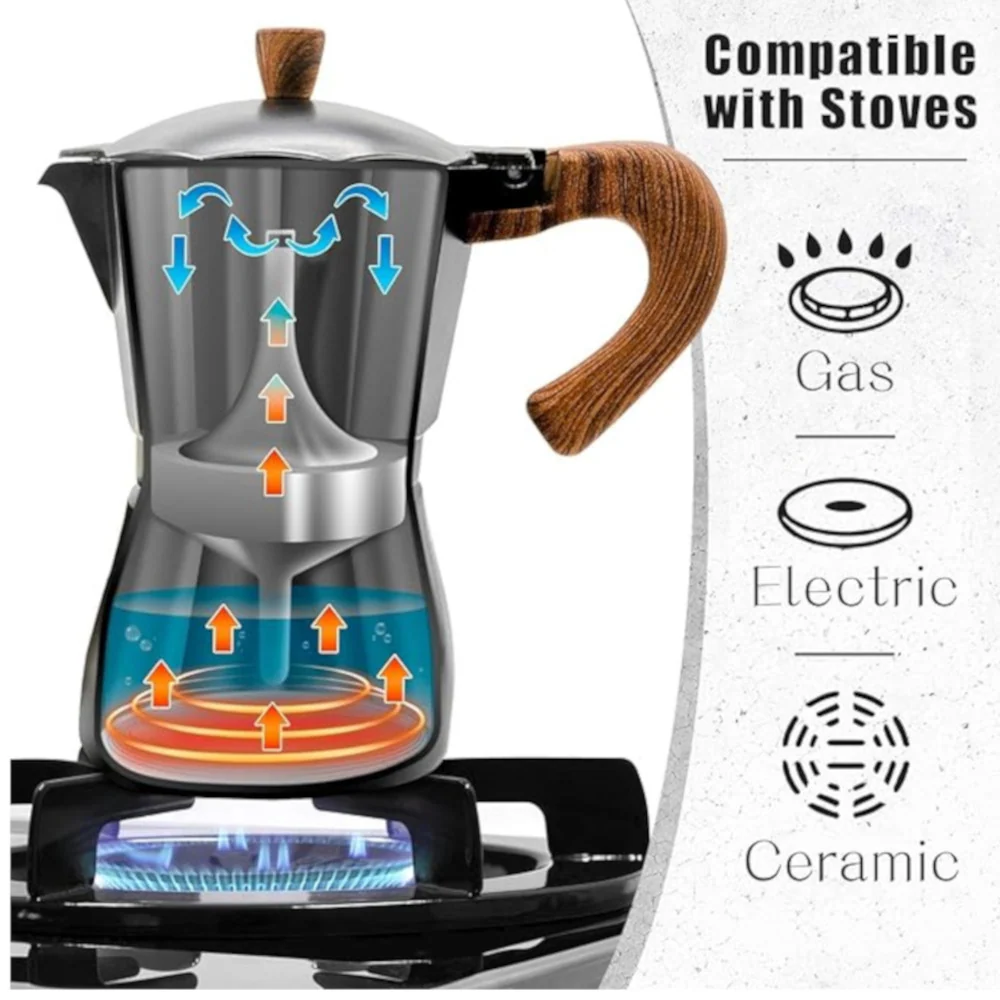 CAFFETTIERA 6-Cup Stovetop Moka Pot Coffee Maker with Wood-Look Handle – Black