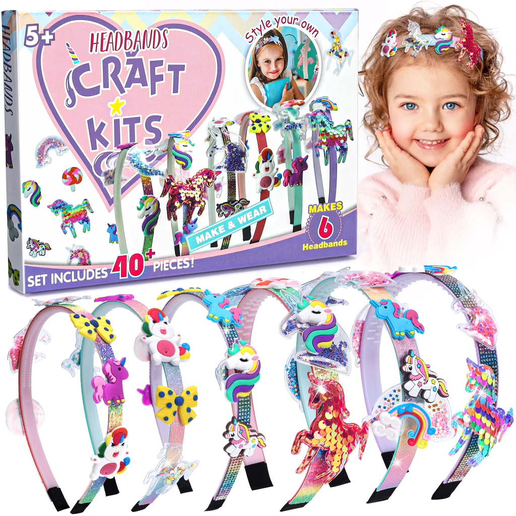 DIY Unicorn Headband Craft Kit for Girls, Kids Hair Accessories Making Set, 40PCS Creative Arts & Crafts Kit, Birthday Gift for Girls Ages 5-12