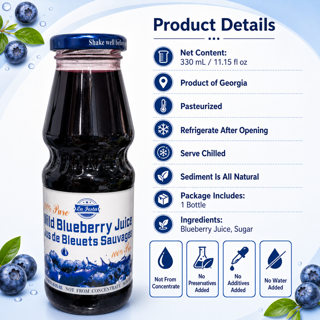 La Festa Wild Blueberry Juice, Not From Concentrate, No Preservatives, Additives or Water Added, 330 mL Glass Bottle