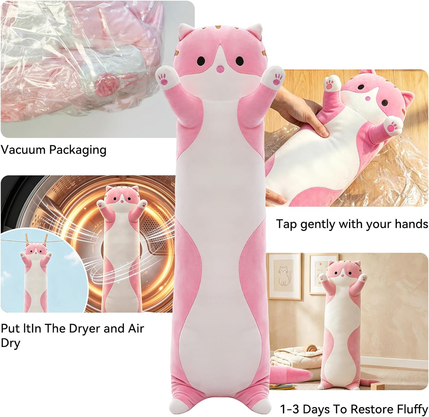 Long Cat Plush Body Pillow, Soft Stuffed Animal Cuddle Toy, 19.6 Inch, Gray or Pink