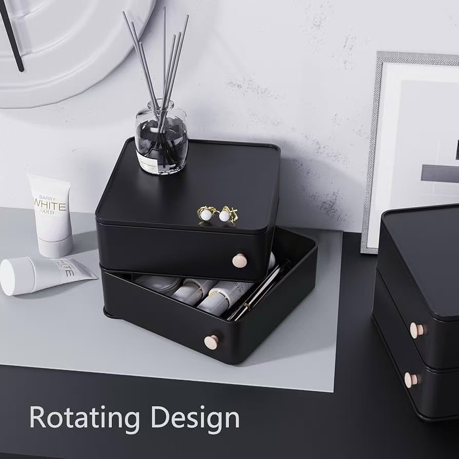 Rotating Makeup Organizer with Drawers – Stackable Cosmetic Storage Box, 360° Rotating Vanity Organizer for Skincare, Jewelry & Bathroom Countertop