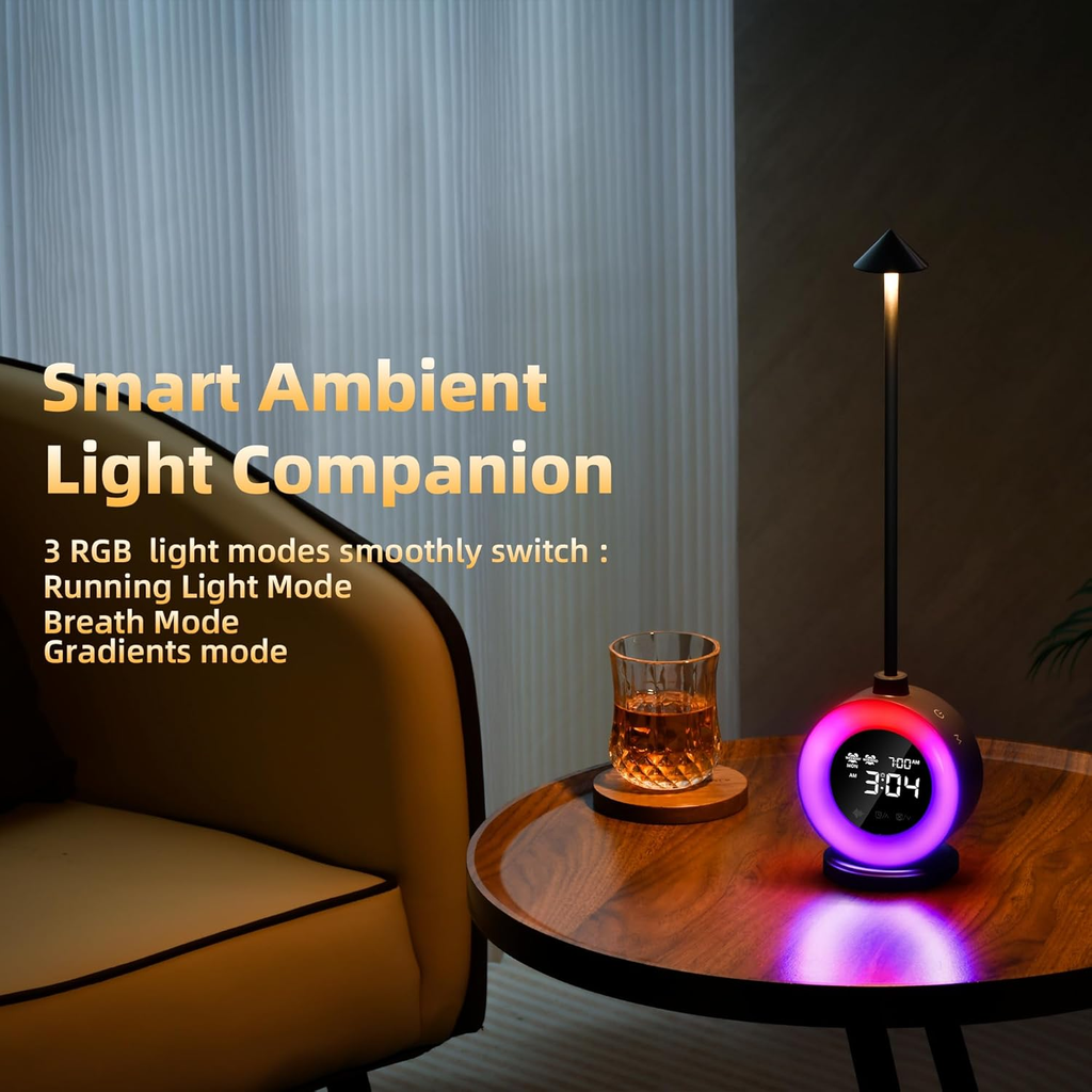 RGB LED Desk Lamp with Digital Clock, Ambient Night Light & Adjustable Brightness Touch Control Lamp