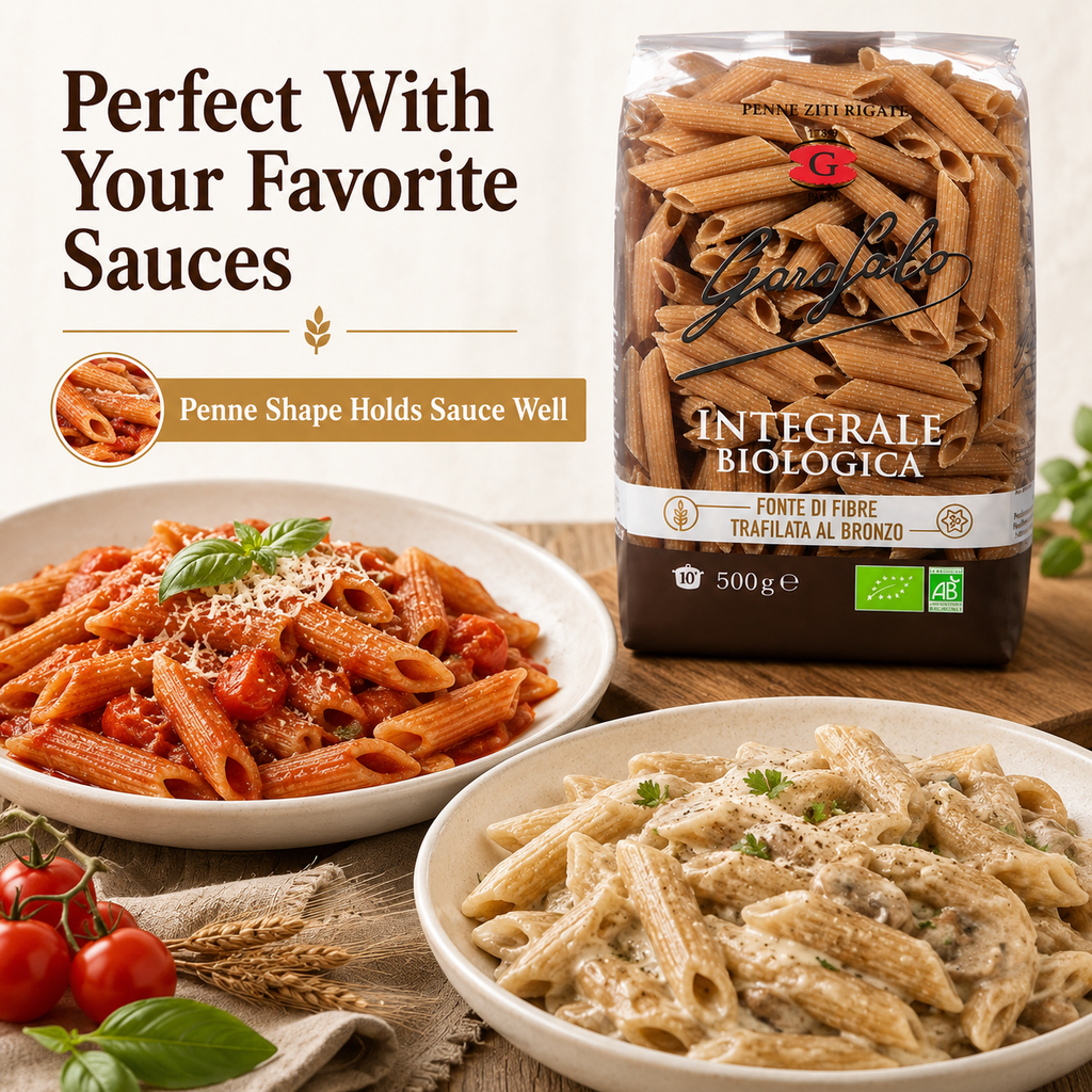 Whole Wheat Penne Rigate Pasta, Durum Wheat Semolina Pasta, Italian Style Pasta
