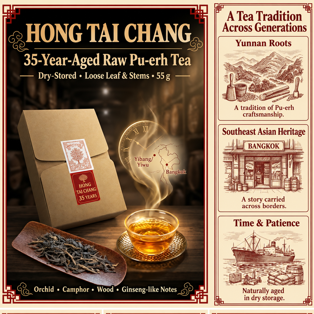Hong Tai Chang 35-Year-Aged Ancient-Tree Raw Pu-erh Tea, Loose Leaf & Stems – 55g