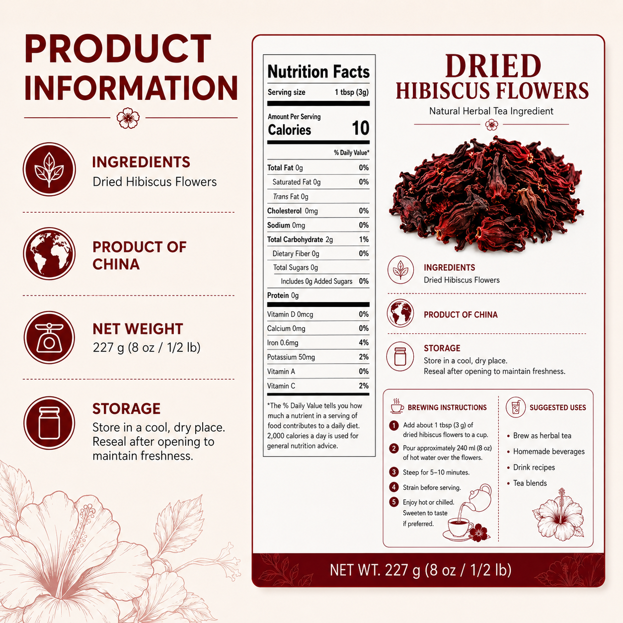 Dried Hibiscus Flowers 227g (8oz / 1/2lb) | Loose Herbal Tea Ingredient