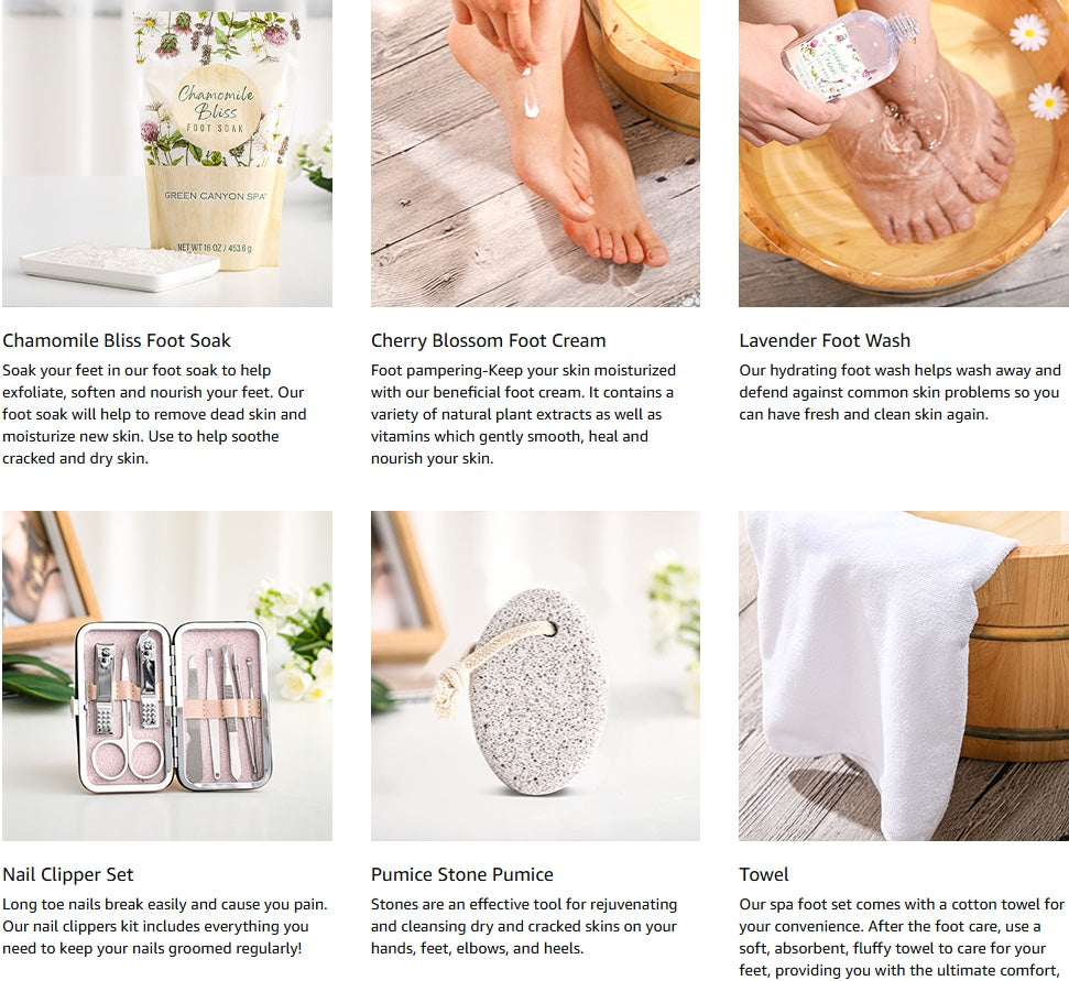 Green Canyon 7-Piece Foot Spa Gift Set, Foot Soak Bath Salt, Lavender Foot Wash, Sakura Foot Cream, Tea Tree Massage Oil, Nail Care Tools, Towel & Pumice Stone