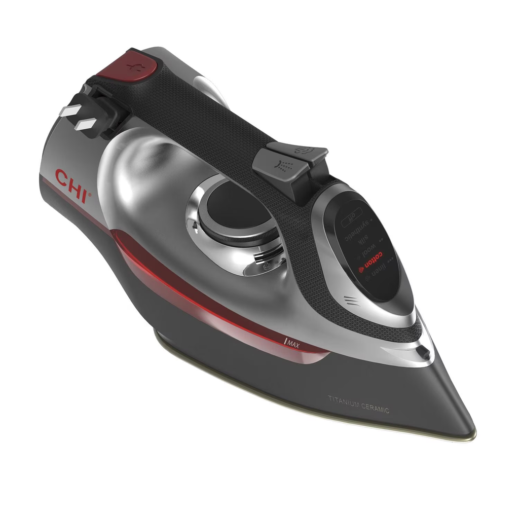 Open Box CHI Electronic Clothing Iron with Retractable Cord, Titanium-Infused Ceramic Soleplate & Adjustable Steam Control - Black/Red