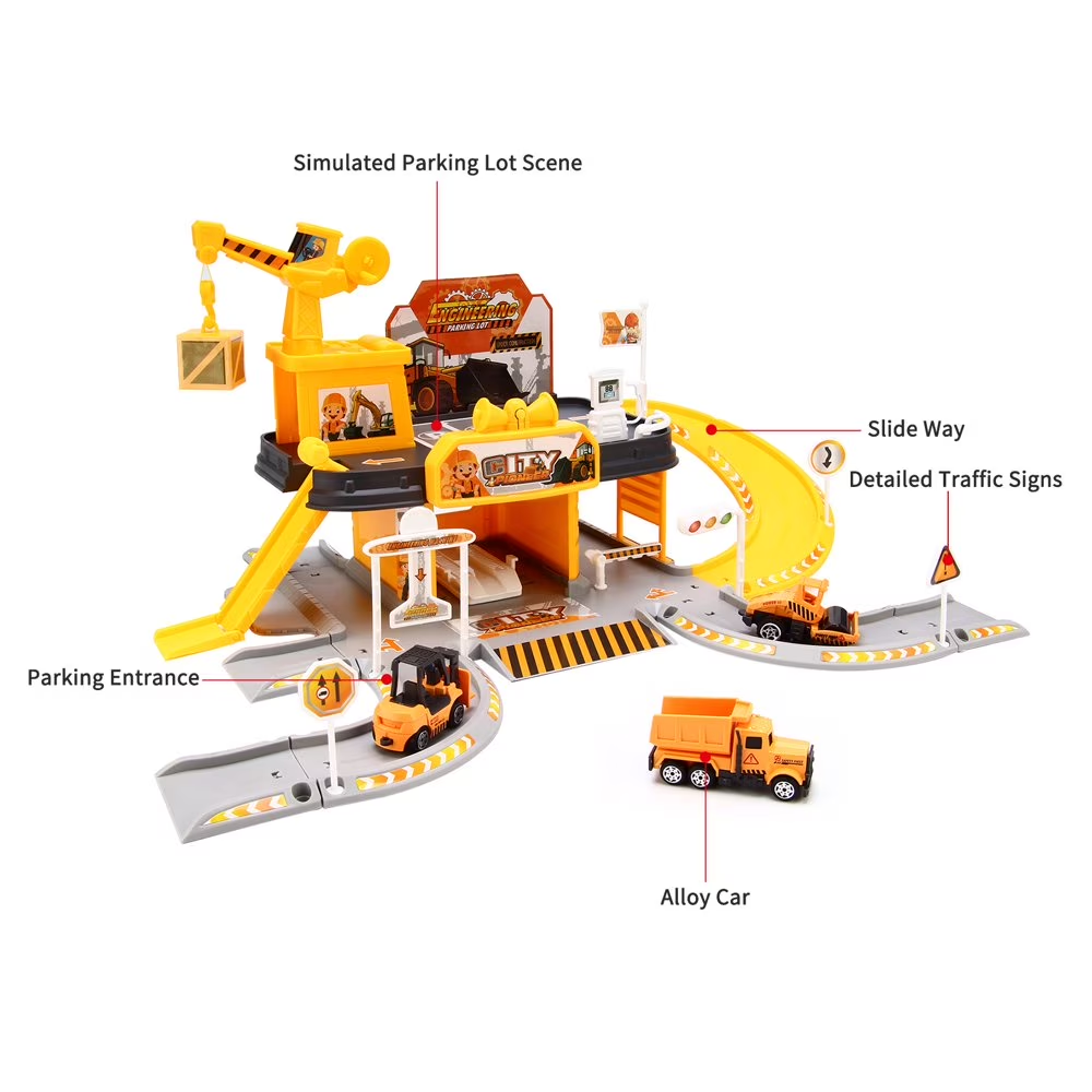 Construction Vehicle Parking Garage Playset with 3 Metal Cars, Track Ramp Building Set, Light & Sound Toy, Ages 3+