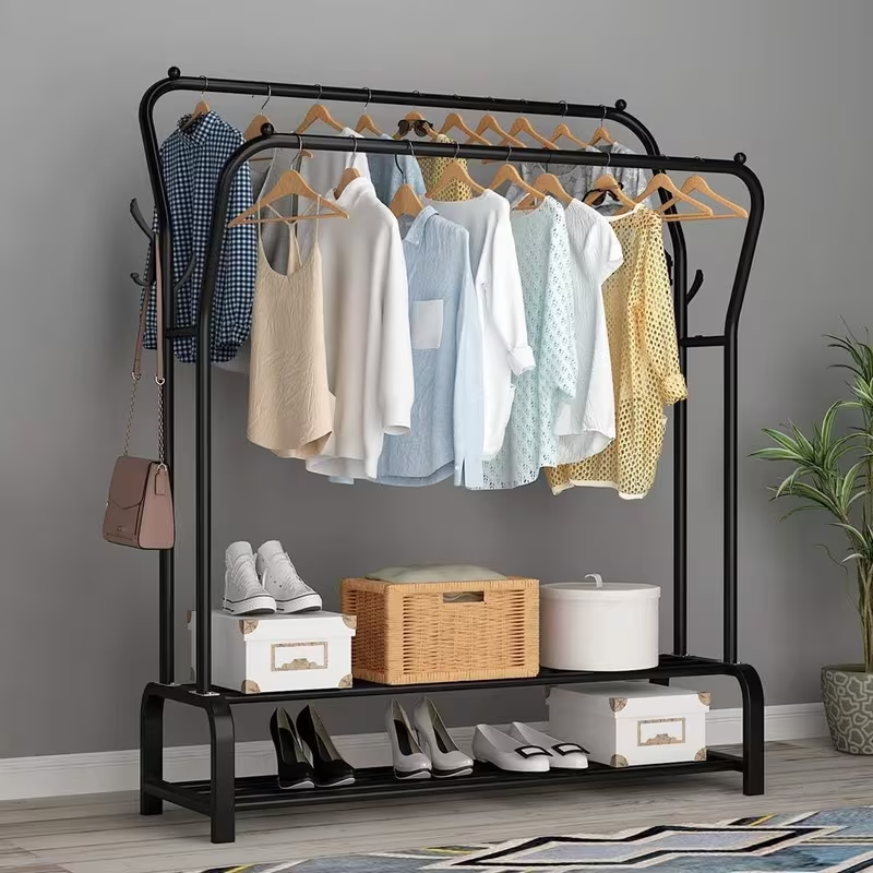 Double Rod Garment Rack with Shelf – Heavy Duty Freestanding Clothing Rack with Shoe Storage & Hooks for Bedroom, Entryway & Closet Organization