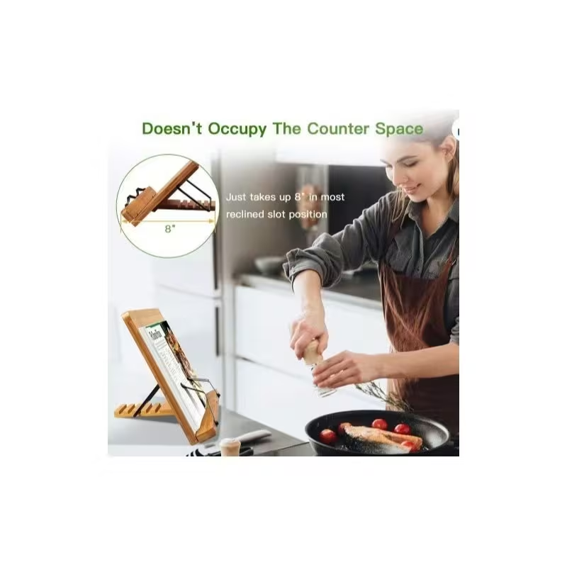 Adjustable Bamboo Book Stand – Foldable Wooden Cookbook and Tablet Holder for Reading and Kitchen Use