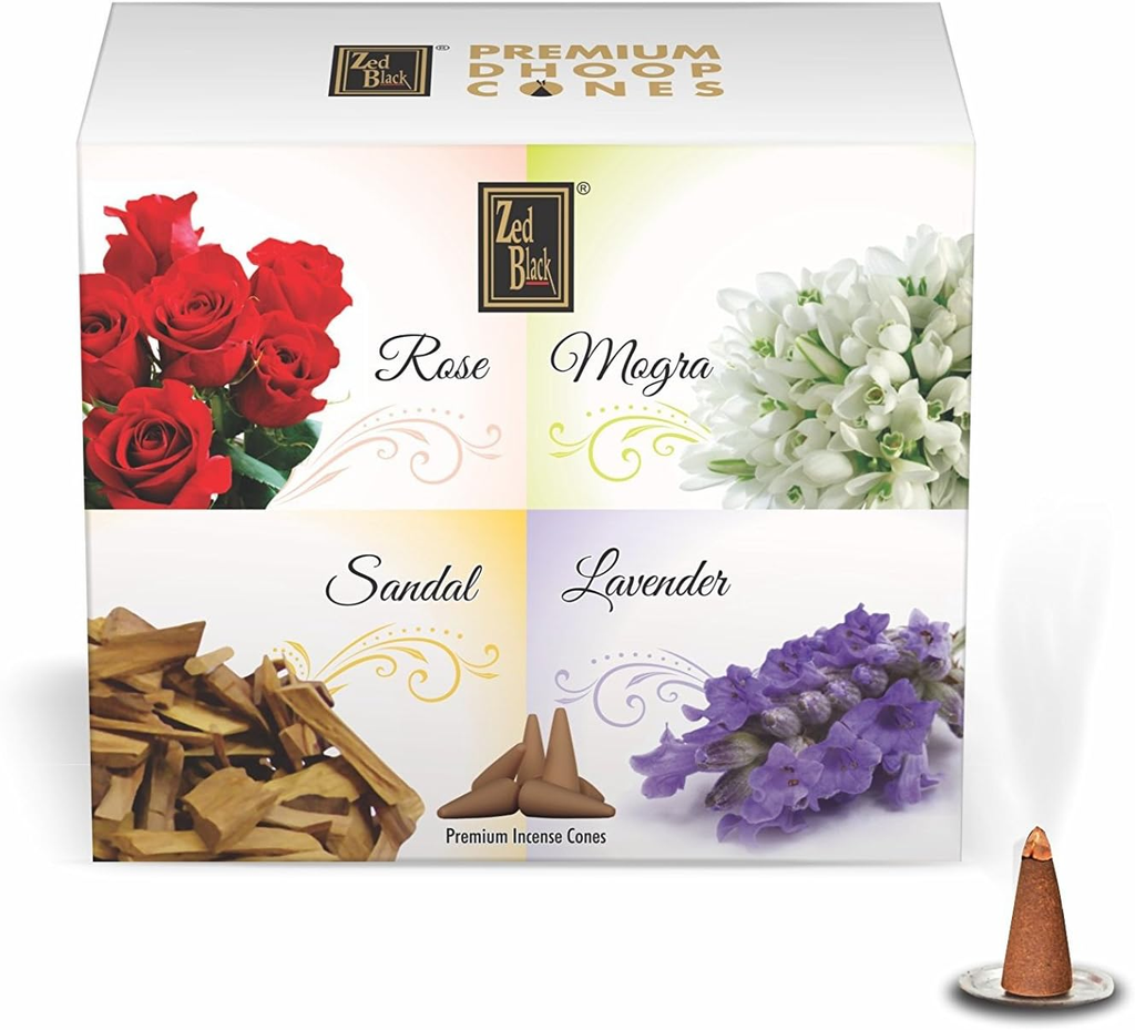 Premium Dhoop Incense Cones Variety Pack, 4 Scents, – Rose, Mogra, Sandal and Lavender