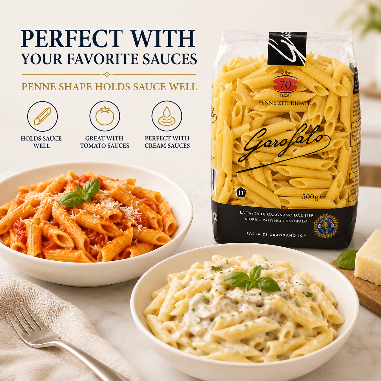 Penne Rigate Pasta, 2-Pack Durum Wheat Semolina Pasta, Italian Style Tube Pasta, 500g Each