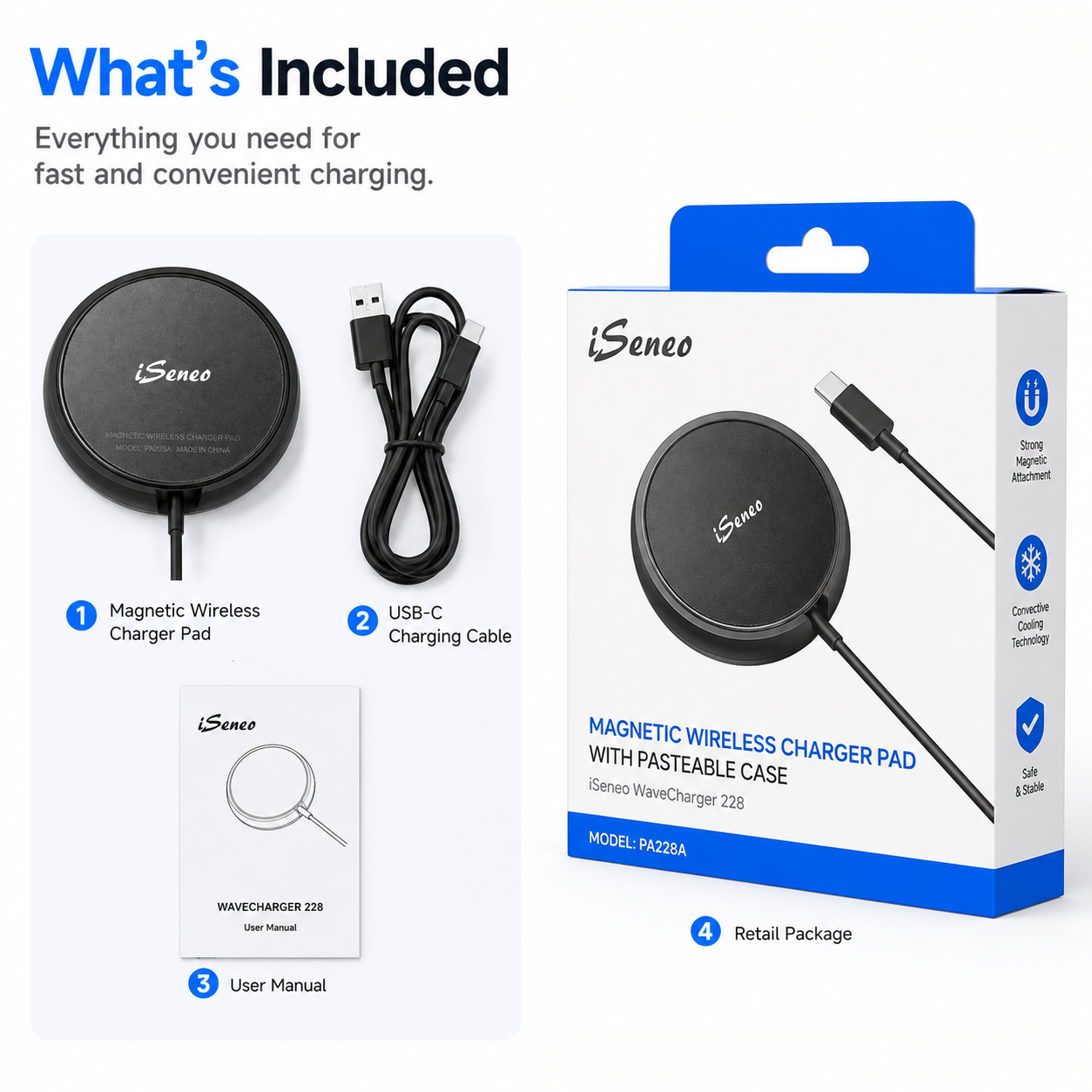 iSeneo WaveCharger 228 Magnetic Wireless Charger Pad with USB-C Cable, 15W Max Fast Charging, Black