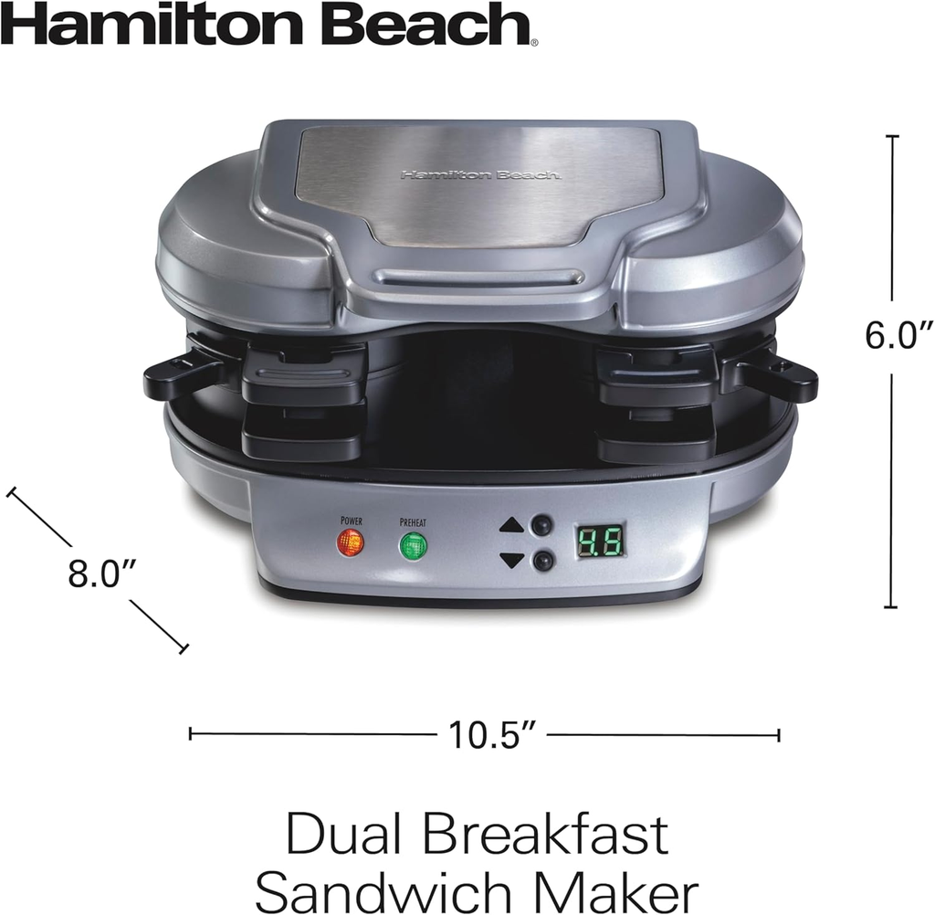 Open Box - Excellent | Hamilton Beach Dual Breakfast Sandwich Maker with Timer, Dual Cooking, Non-Stick Plates, Dishwasher Safe Parts, Silver