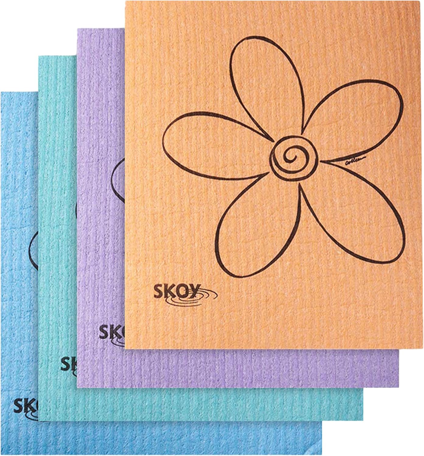 Skoy Cloth Eco-Friendly and Reusable Swedish Dishcloth, for Kitchen and Household Use, Environmentally-Friendly, Dishwasher Safe, Plastic-Free Packaging, 4-Pack, Assorted Colors