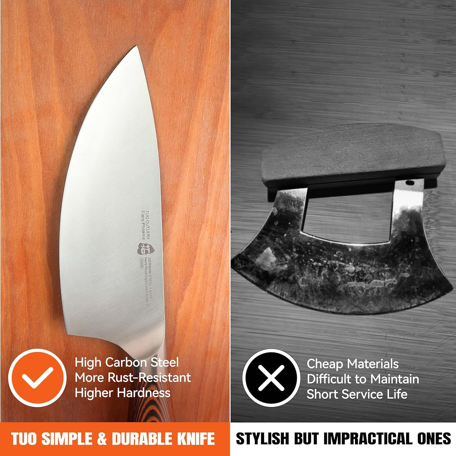 TUO Herb Rocking&Salad Knife- Vegetable Cleaver - High Carbon German Stainless Steel Kitchen Knife - Pakkawood Handle Veggie Chopper - Luxurious Gift Box Included - 7 inch - Fiery Phoenix Series