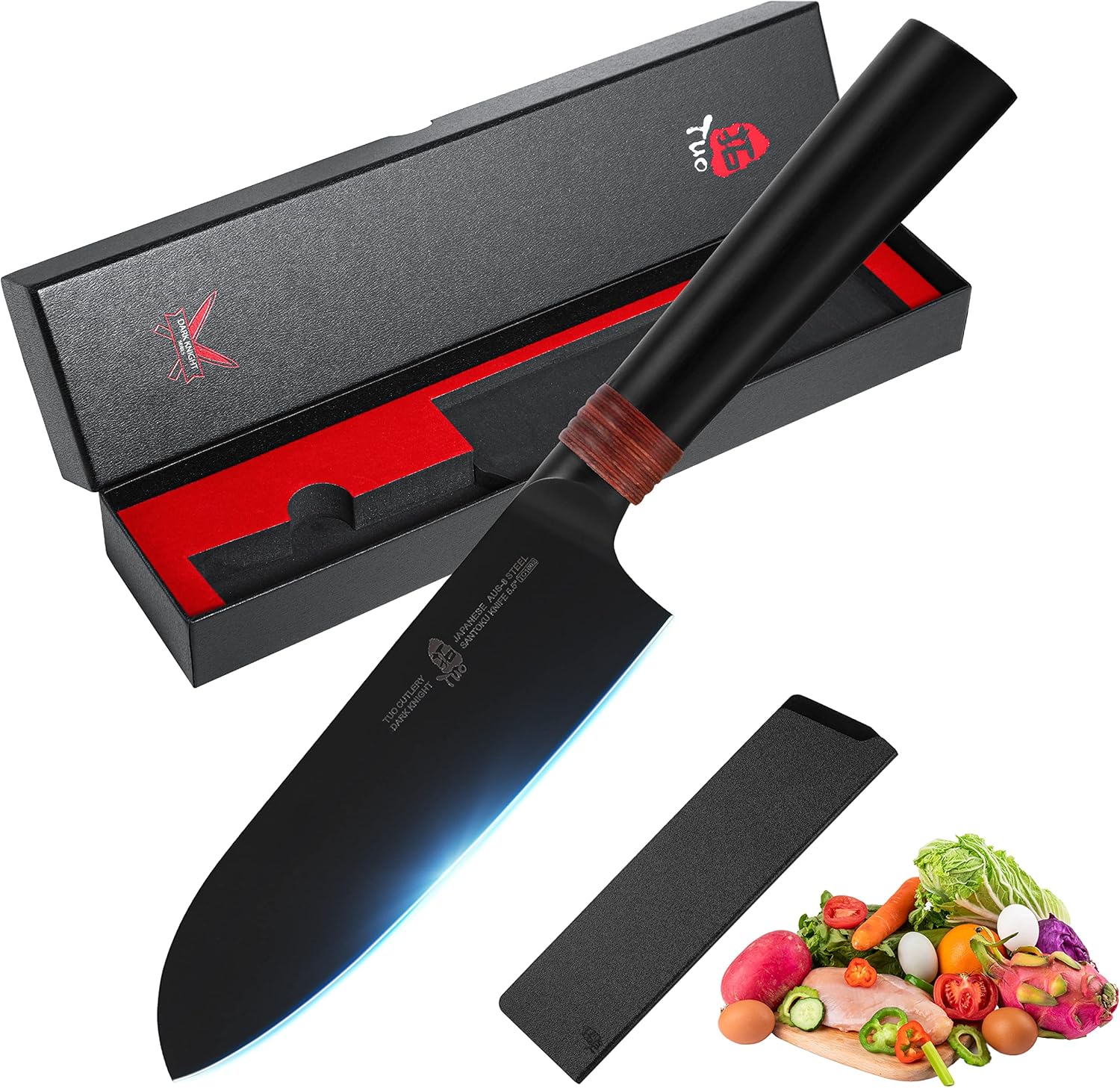 TUO Santoku Knife 5.5"- Asian Chefs Knife Japanese Cleaver Black Titanium Plated Blade Kitchen Small Knife - Japanese AUS-8 Stainless Steel Pakkawood Handle - Dark Knight Series with Sheath & Gift Box