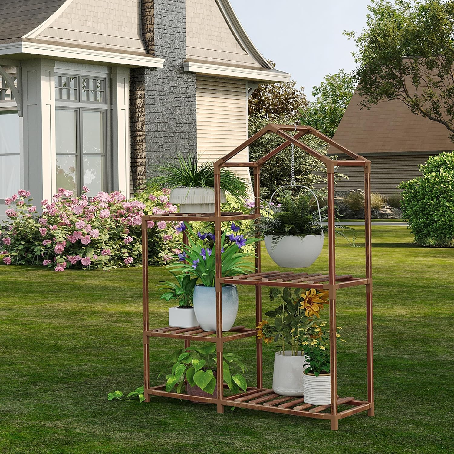 Tikea Plant Stand Indoor Outdoor Hexagonal Corner Plant Stand for Succulents Small Plants Wooden Plant Shelf 7 Tiered Creative DIY Flowers Stand Rack for Living Room Balcony Patio Window
