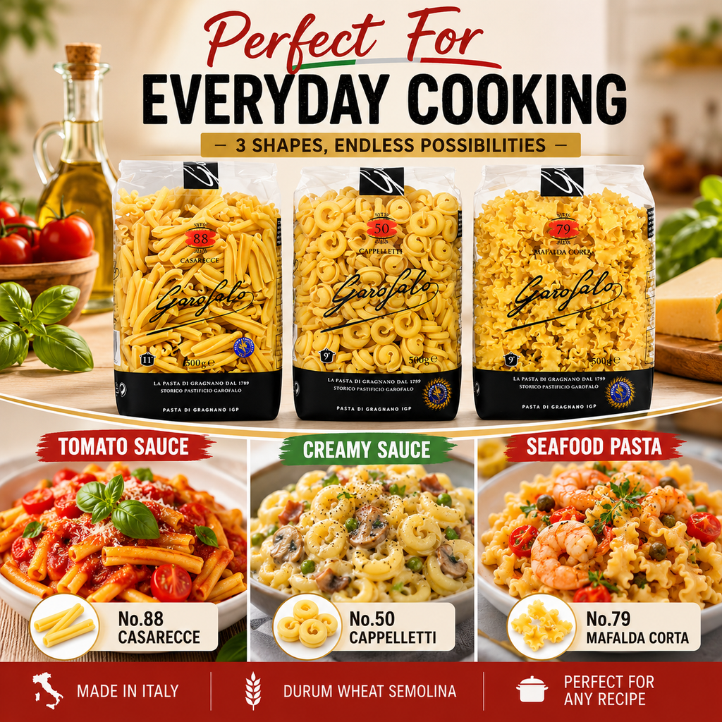 Garofalo Italian Pasta Variety Pack – No. 50 Cappelletti, No. 79 Mafalda Corta & No. 88 Casarecce, 3-Pack Durum Wheat Semolina Pasta, Imported Italian Pasta Selection